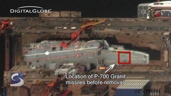 该图片显示甲板上原来安装“花岗岩”导弹。